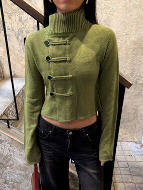 Olive Green Casual Women's Rib-Knit High Neck Button Down Crop Cardigan